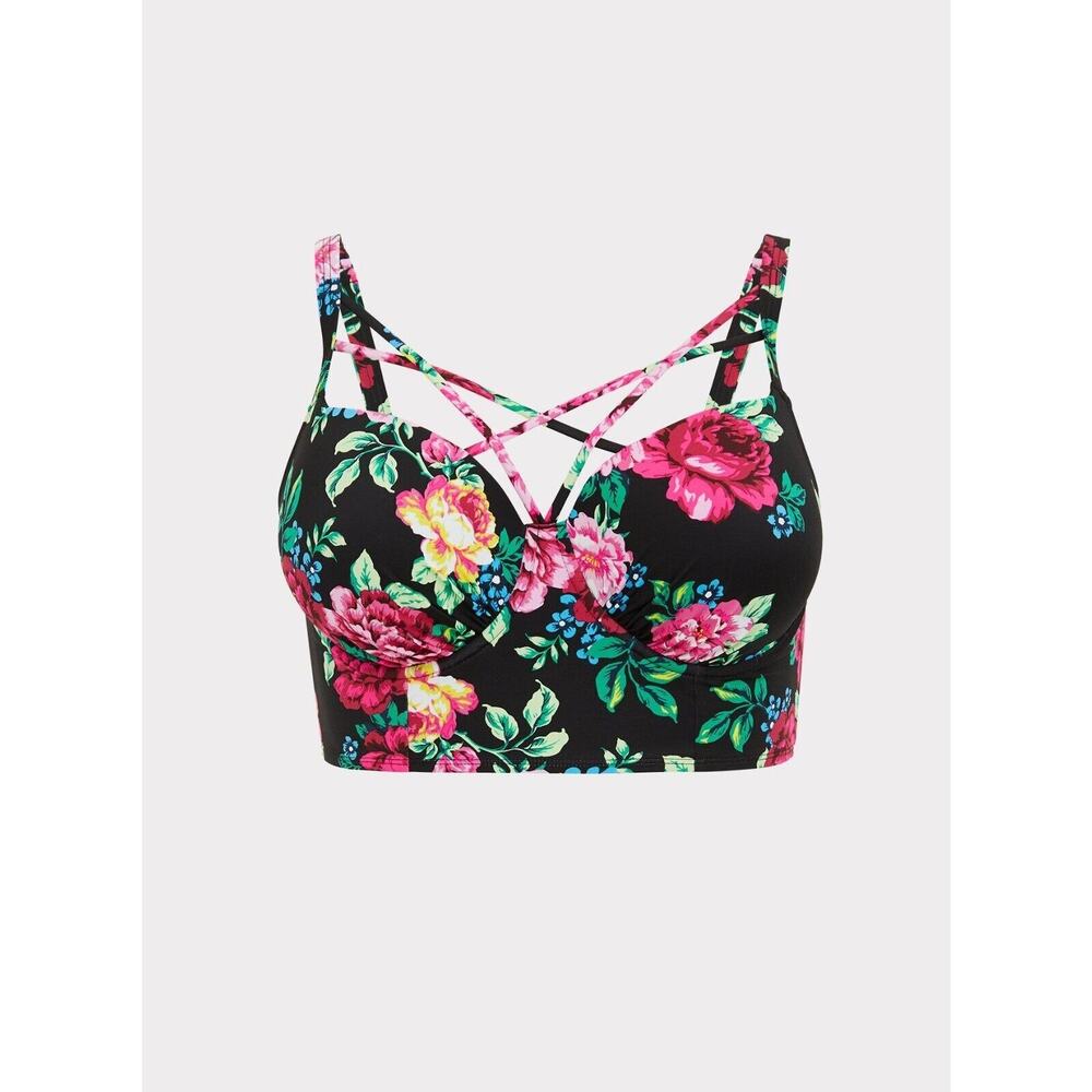 Torrid Underwire Strappy Front Bikini Top Swim Black Pink Floral Size 1 D/DD 1X - Picture 9 of 11